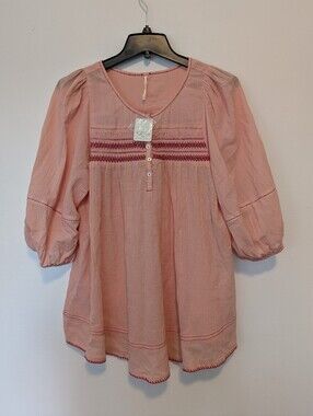 NWT Free People Tropical Peach Embroidered Smocked Peasant Blouse Pink  Boho  S
